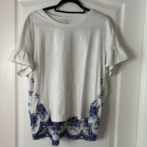 FEVER White Blue Embroidered Cotton T-Shirt Size XL